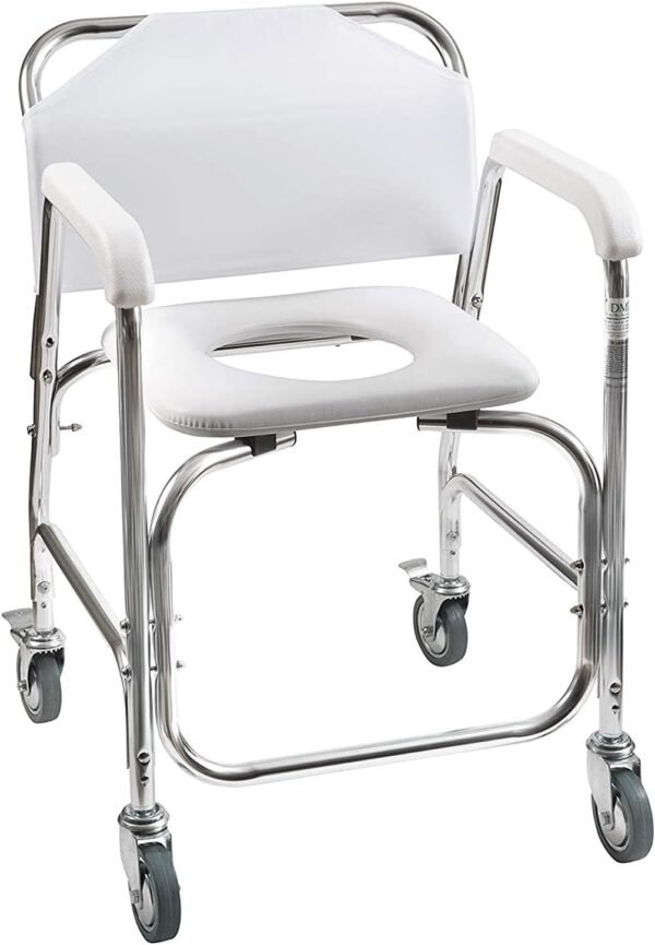 Rust-resistant rolling shower commode chairs