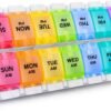 Weekly pill organizers with compartments for medication management