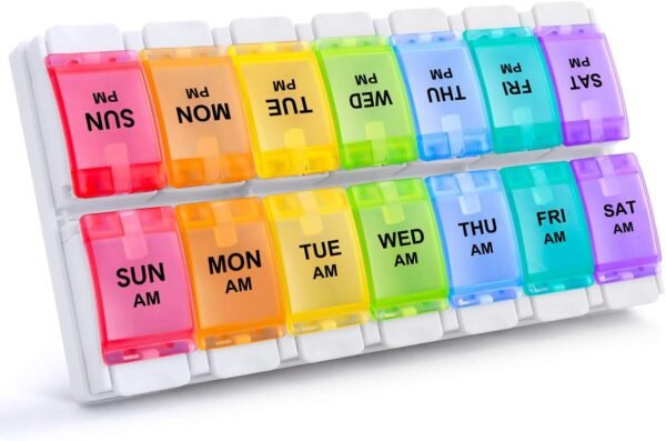 Weekly pill organizers with compartments for medication management