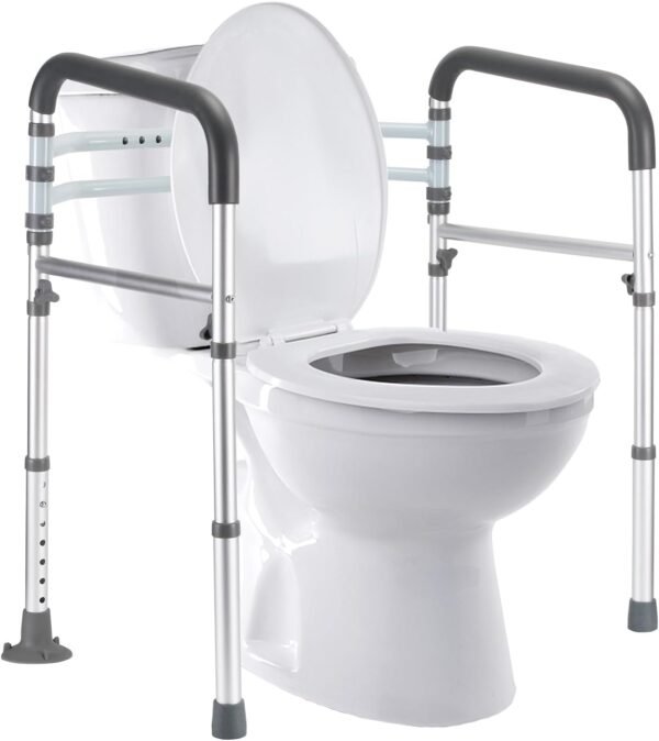 Adjustable toilet safety frames for elderly