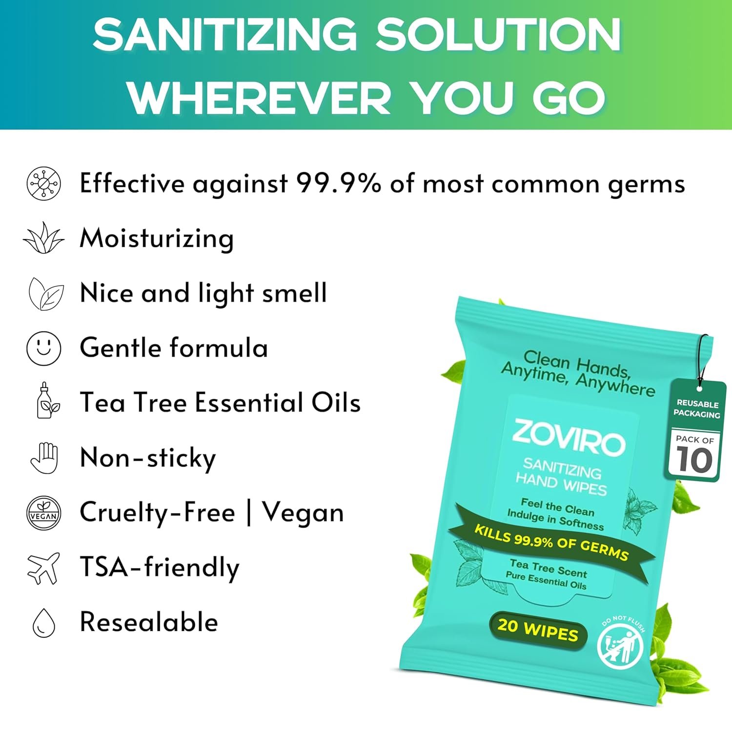 Zoviro Hand Sanitizer Wipes, Tea Tree - Image 2